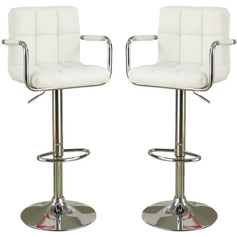 White Faux Leather Barstool Counter Height Chairs Set of 2 Adjustable Height Kitchen Island Stools Armrest Chairs