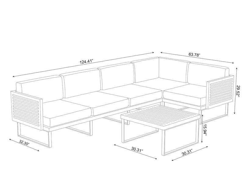 Monterey 5 Seater Sectional with Coffee Table - Aluminum and Teak