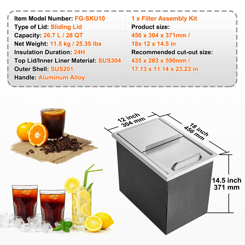 VEVOR 18"x12"x14.5" Drop in Ice Chest Ice Cooler Ice Bin Stainless Steel w/Cover image number 6