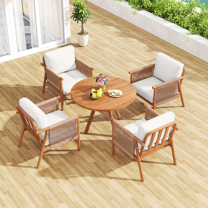 Set of 4 Outdoor Acacia Wood Chairs with Woven Rope Armrests and Cushions
