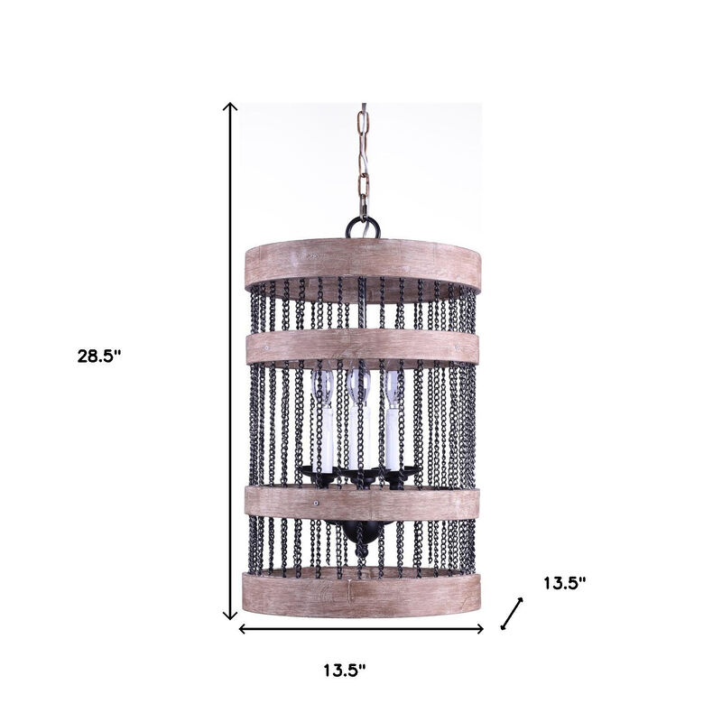 HomeRoots Black And Natural Wood and Metal Cylinder Three Light Dimmable Chandelier image number 3