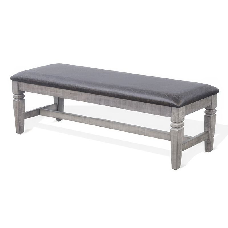 Camie Dining Bench, 56 Inch Faux Leather Seat, Gray Mahogany Wood - Benzara