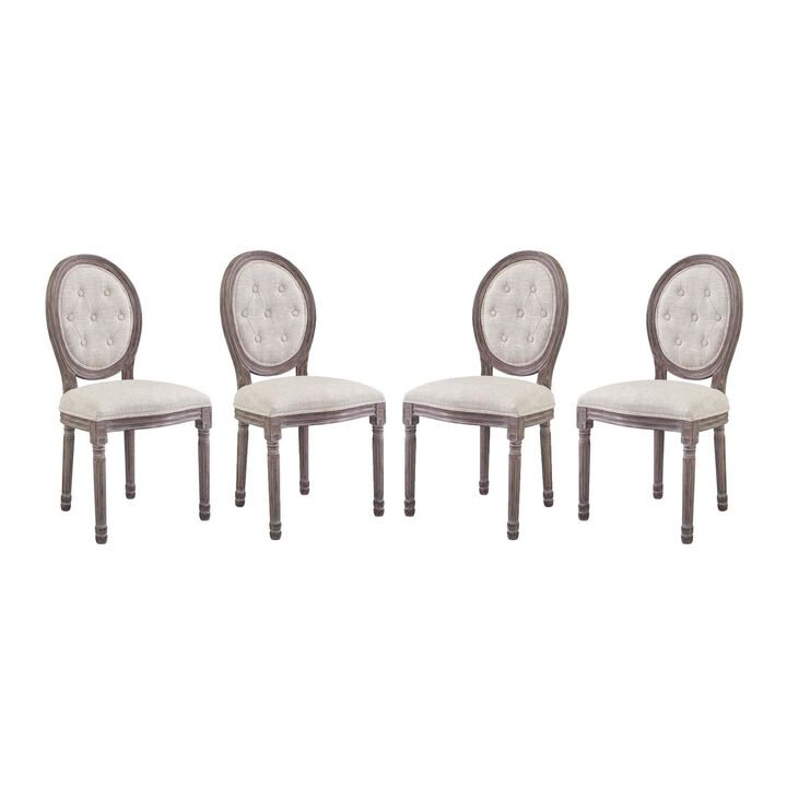 Modway Arise French Vintage Tufted Upholstered Fabric Four Dining Side Chairs in Beige