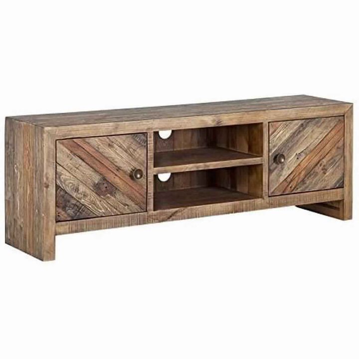Wooden TV Console with 2 Cabinets and Open Center Shelf, Weathered Brown-Benzara
