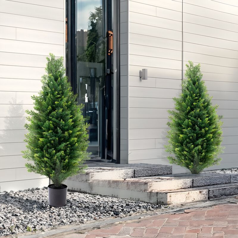 Set of 2 Artificial Cedar Topiary Trees UV Rated Faux Evergreen Plants for Indoor Outdoor-Green image number 1