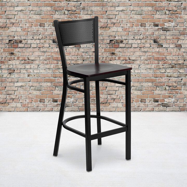 Flash Furniture HERCULES Series Black Grid Back Metal Restaurant Barstool - Mahogany Wood Seat