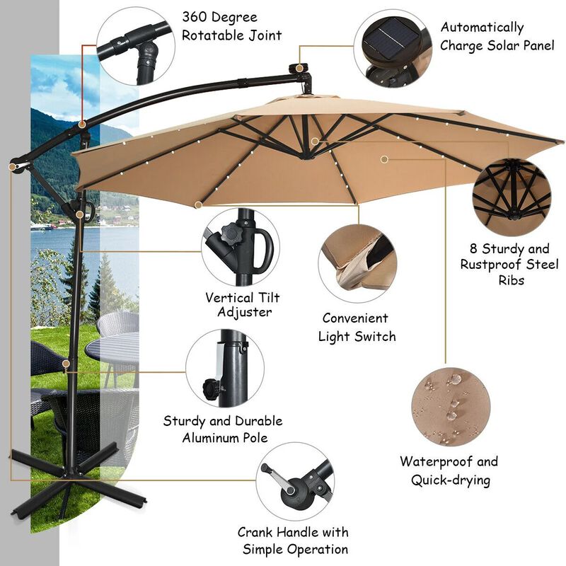 Mondawe 10 Feet 360&deg; Rotation Solar Powered LED Patio Offset Umbrella without Weight Base