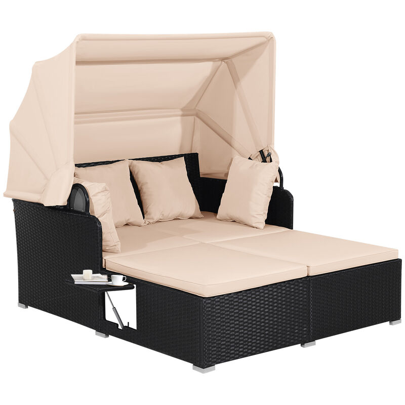 Patio Rattan Daybed with Retractable Canopy and Side Tables