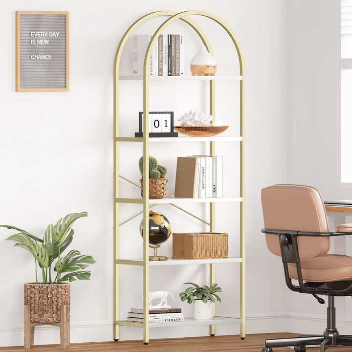 Modern Industrial Arched 5-Tier Open Bookshelf, Curved Metal Frame Freestanding Storage Display Shelf for Living Room, Bedroom & Home Office