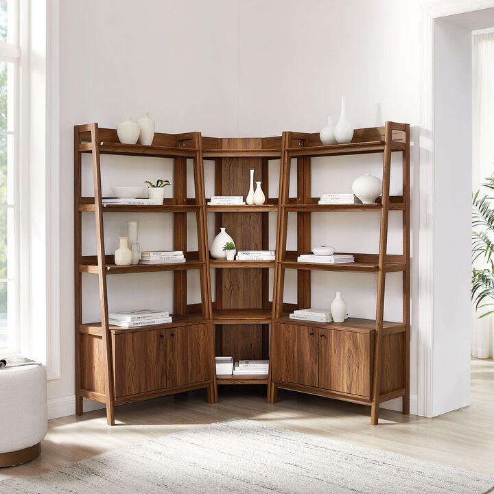 Modway Bixby 3-Piece Corner Bookshelf Set with Wide Bookshelves in Oak &ndash; 12-Tier Wood Bookcases with Open Shelves and Base Cabinets for Living Room, Bedroom, Or Home Office