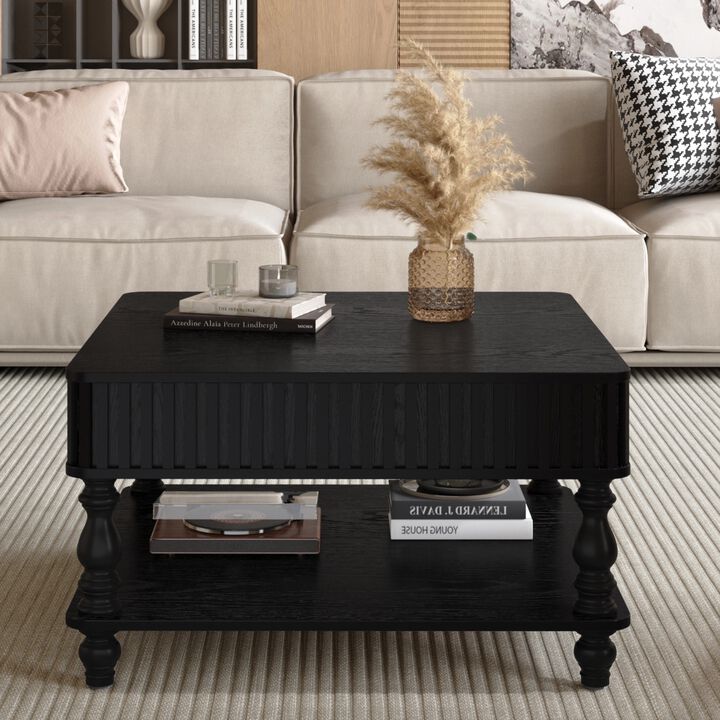 31.5 Inch Modern Square Lift-Top Coffee Table with Hidden Storage Tray, Fluted Wood Design, Wooden Living Room Center Table