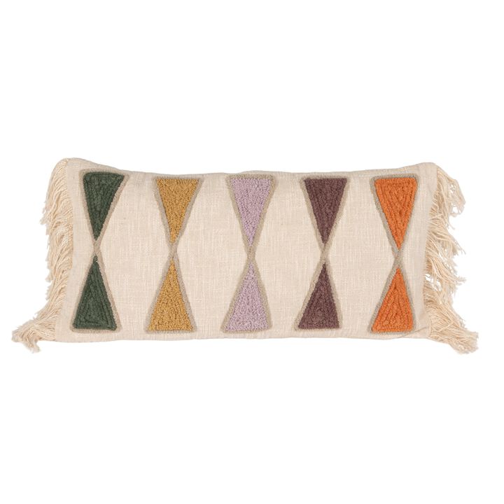 Embroidered Cotton Lumbar Pillow with Fringe, Earthen Multicolors