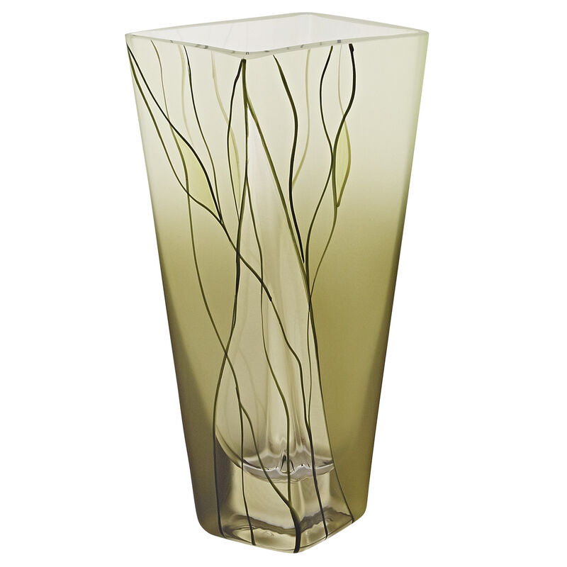 Hand-Decorated Green Glass Squarish Vase for Tabletop Display