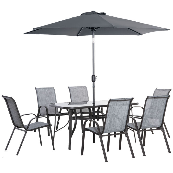 Outsunny 8 Pieces Patio Furniture Set with 9Ft Patio Umbrella, Outdoor Dining Table and Chairs, 6 Chairs, Push Button Tilt and Crank Parasol, Tempered Glass Top, Gray