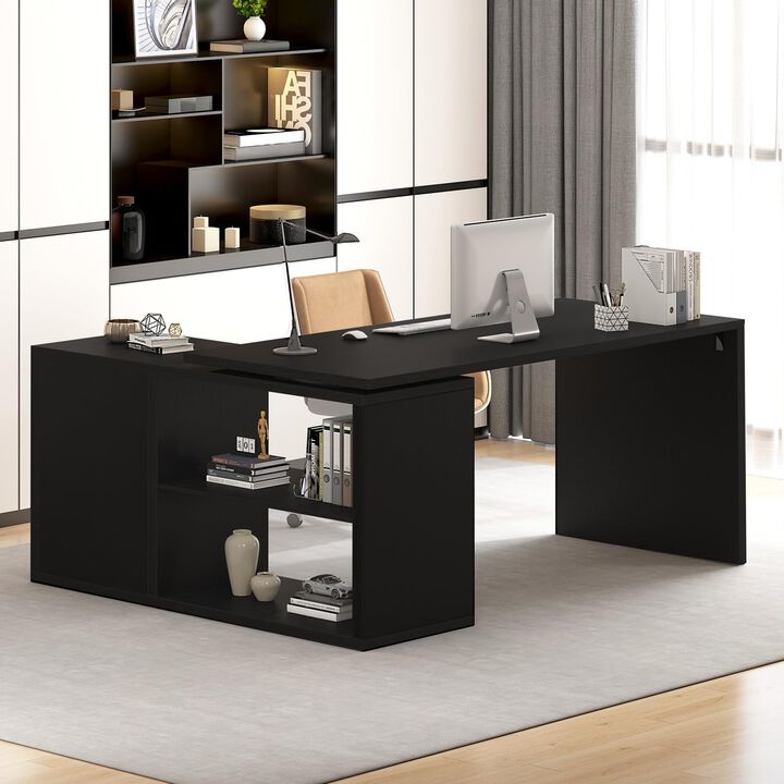 Top True Wood L-Shaped Corner Desk with Open Shelves for Home Office