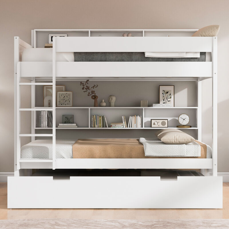 Merax Wooden Bunk Bed Series with Side Storage Shelves & Pull-out Trundle image number 2
