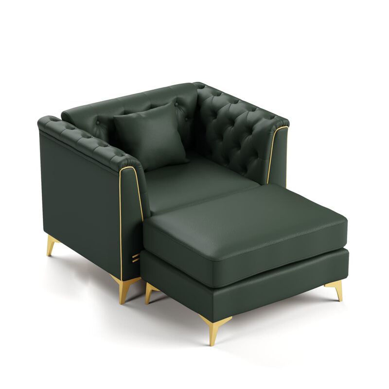 Modular Chesterfield Sofa Chair with Ottoman, Faux Leather Tufted Seating for Apartment, Metal Trim Arms and Tapered Legs image number 4