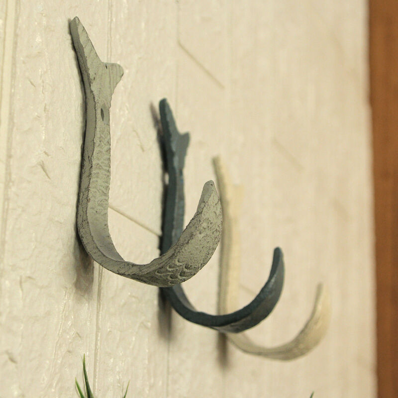 Set of 3 Cast Iron Flipping Fish Wall Hooks 4 Inches Long&ndash; Easy to Hang - Blue ,Gray, White - Coastal Decor Perfection for Beach Towels, Keys or Coats image number 7