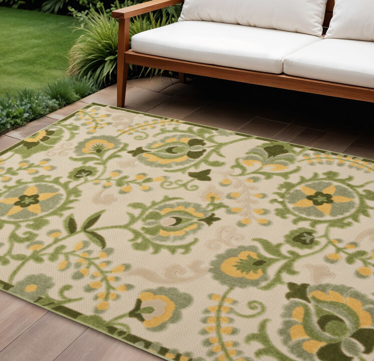 HomeRoots 6' X 9' Ivory Green And Yellow Floral Indoor Outdoor Area Rug