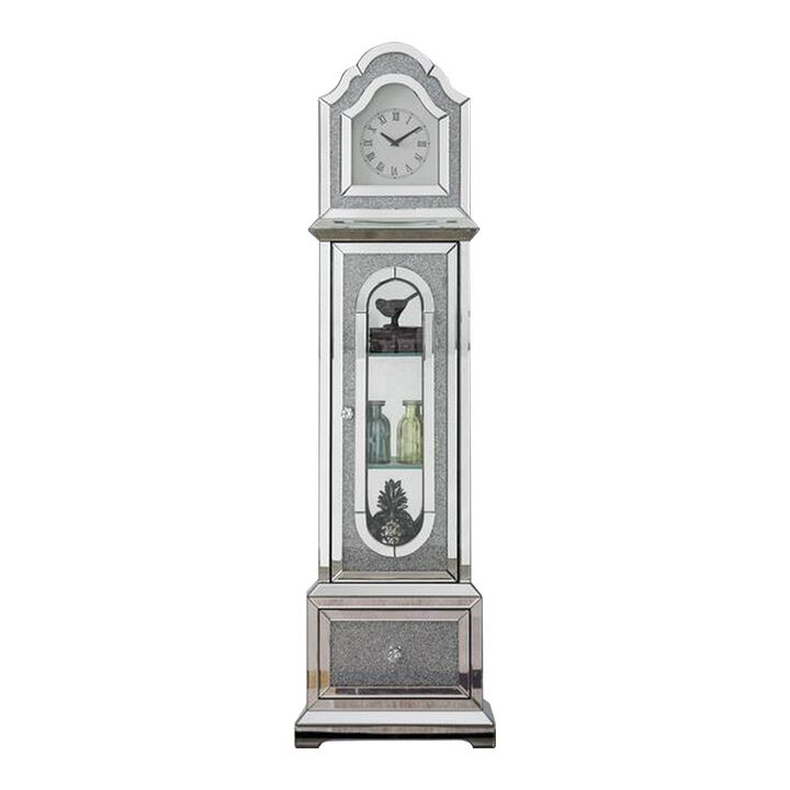 Grandfather Clock with 1 Storage Cabinet and Faux Diamonds, Silver-Benzara