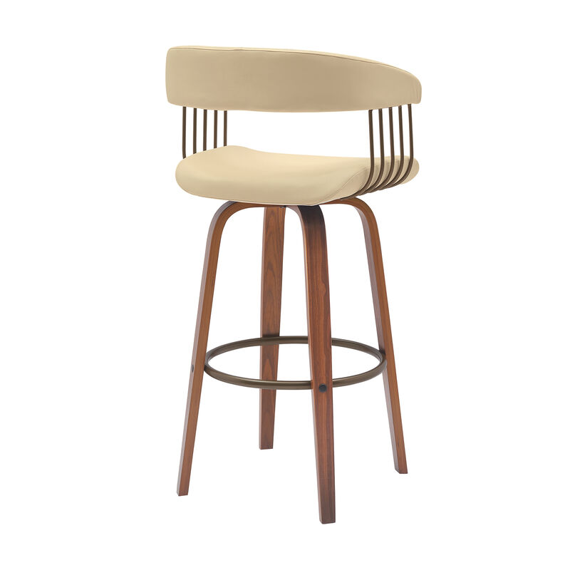 Topanga 26" Swivel Walnut Wood Counter Stool in Cream Faux Leather with Golden Bronze Metal