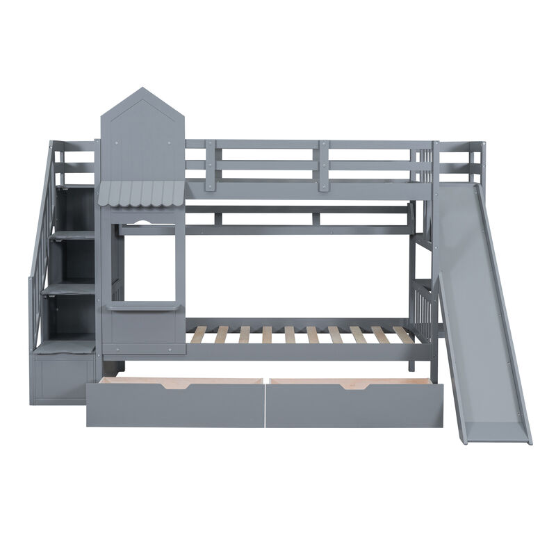 Twin Over Twin Castle Style Bunk Bed With 2 Drawers 3 Shelves And Slide Gray