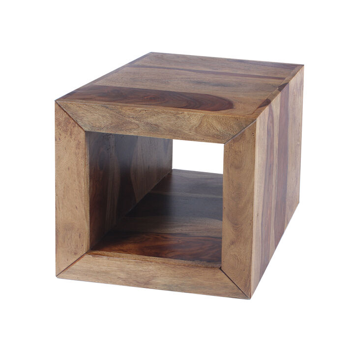 16 Inch Cube Shape Rosewood Side Table With Cutout Bottom, Brown