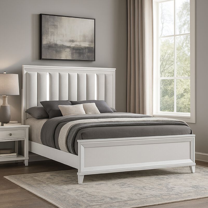 Ressy King Platform Bed with LED, Channel Tufted Upholstery, White Wood