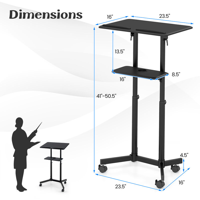 Mobile Lectern Podium Height-adjustable Rolling Laptop Cart with Tilting Top Storage Tray image number 5
