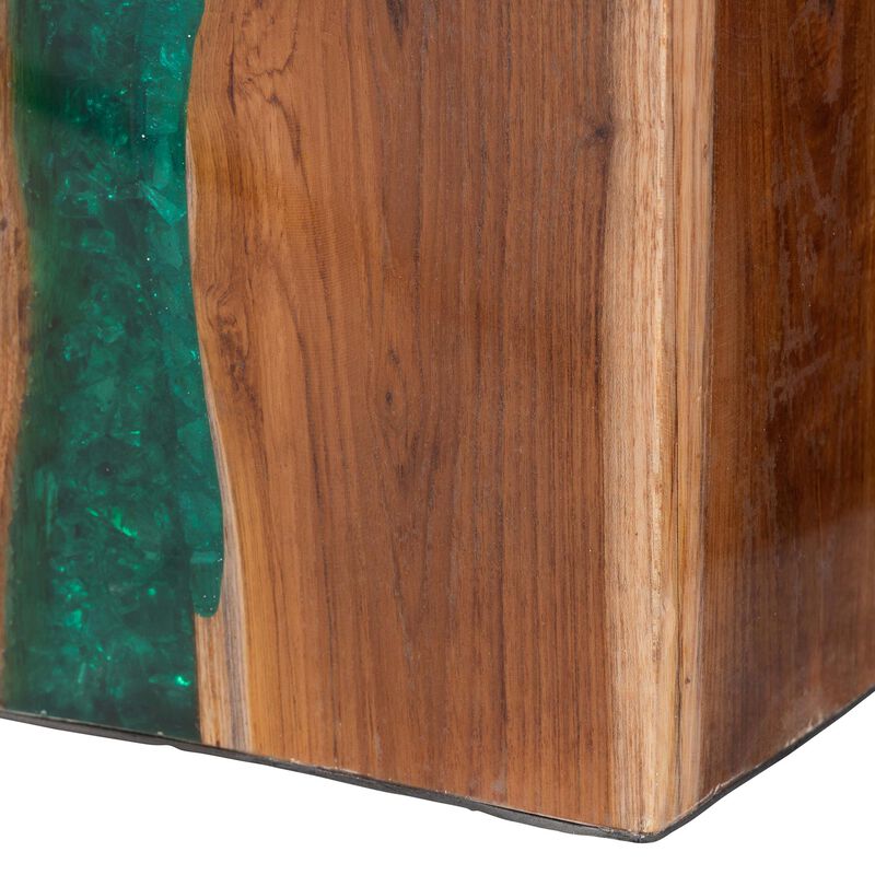bali & pari Anan Teak Wood Epoxy Resin End Table - Live Edge Cube Side Table, Handcrafted Modern Rustic Accent Table for Living Room or Bedroom, Cube