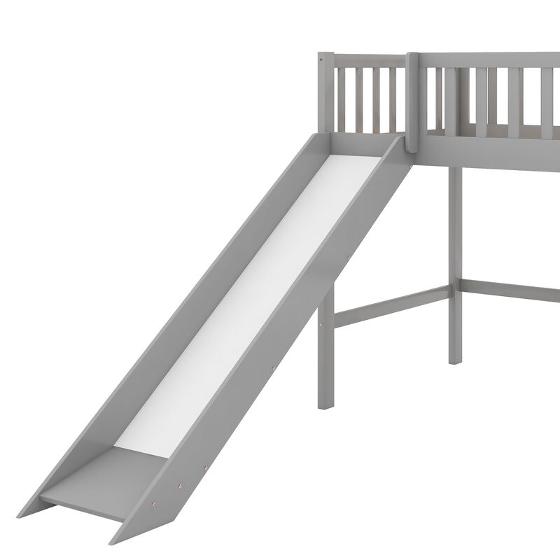 Whisen Twin Size Wood Low Loft Bed with Ladder and Slide - Gray