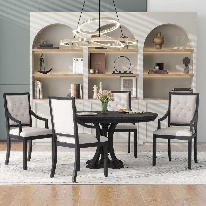 Whisen Retro 5-Piece Dining Table Set with Extendable Round Table and 4 Upholstered Chairs image number 4