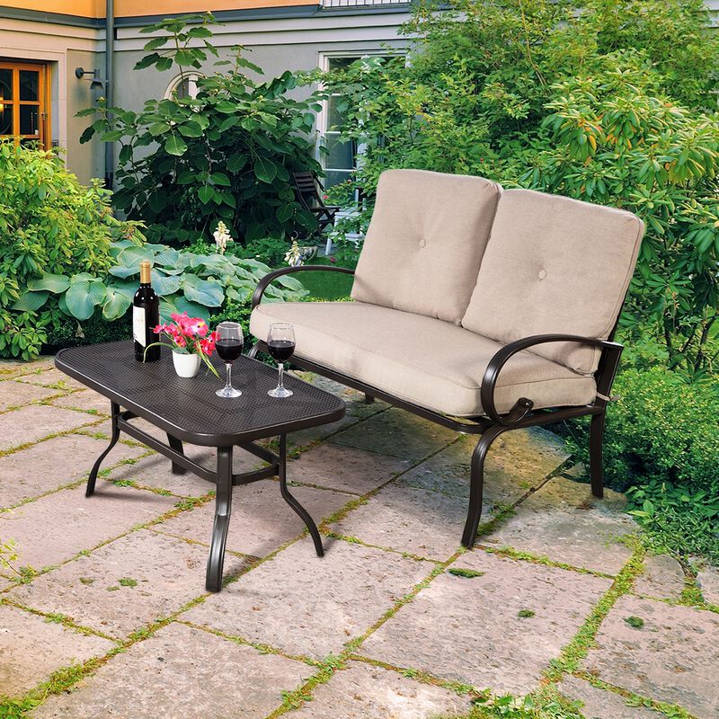 2 Pieces Patio Outdoor Cushioned Coffee Table Seat