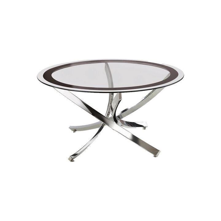 Round Tempered Glass Top Coffee Table with Metal Legs, Silver and Clear-Benzara