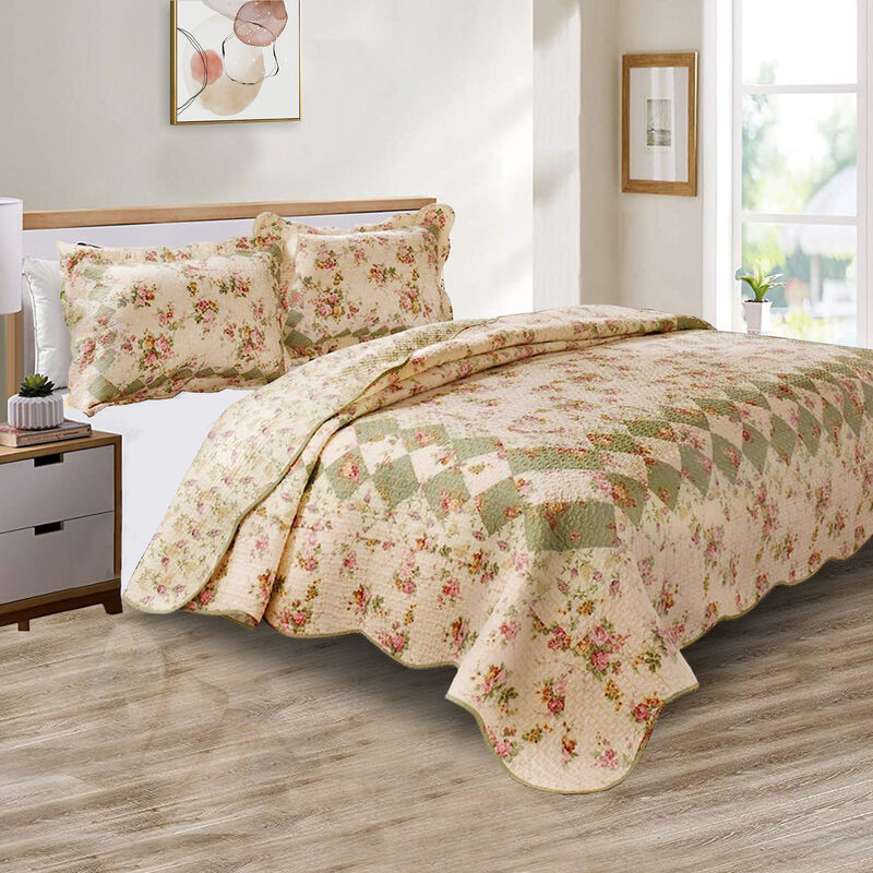Denali 3 Piece Fabric King Size Quilt Set with Floral Prints, Multicolor - Benzara