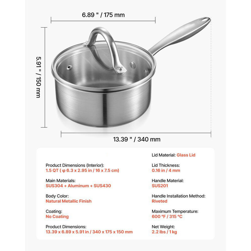 Stainless Steel 1.5 Qt Saucepan with Lid, Nonstick Pot for Induction and Oven-Silver image number 2