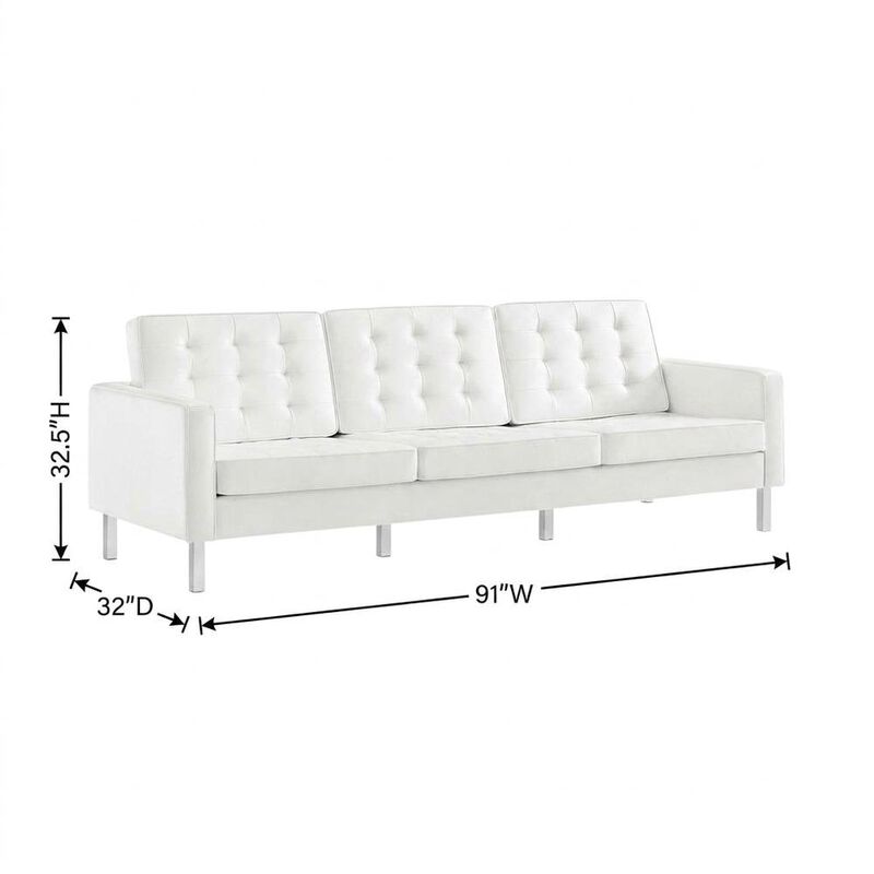 Tufted Vegan Leather Sofa, Faux Leather Couch for Living Room, Silver White image number 2
