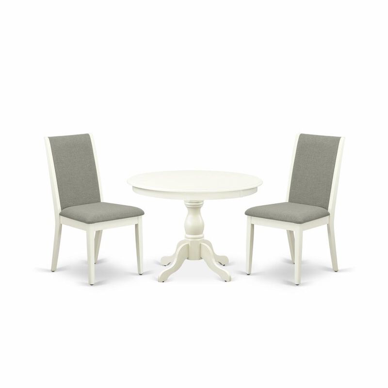 East West Furniture HBLA3-LWH-06 3 Piece Dining Room Set - Linen White Round Dining Table and 2 Shitake Linen Fabric Modern Chairs with High Back - Linen White Finish