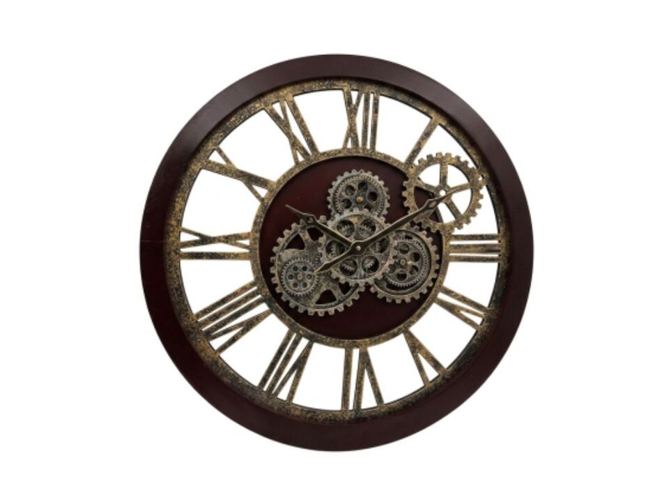 Style Large Wall Clock 24 Inch Cherry Red Bronze Real Moving Gears Rustic Retro