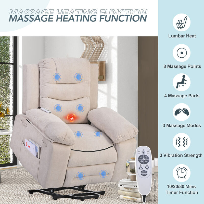 Massage Recliner, Power Lift Chair for Elderly with Adjustable Massage and Heating Function, Recliner Chair with Infinite Position and Side Pocket for Living Room, Beige
