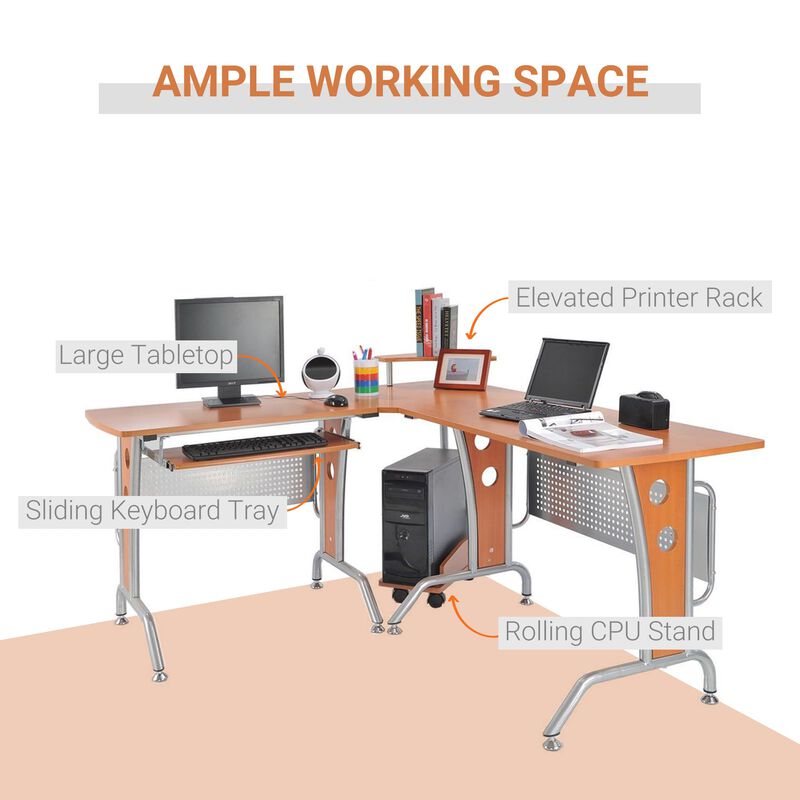 Wooden Gaming Station: Corner L-Shaped Desk with Elevated Shelf & CPU Stand