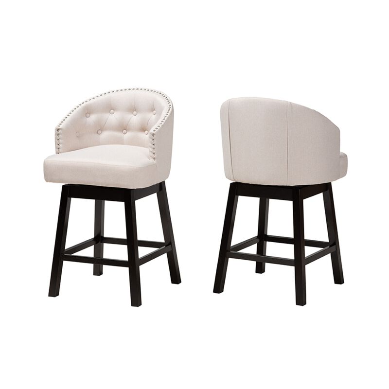 Baxton Studio Theron Mid-Century Transitional Light Beige Fabric and Espresso Brown Finished Wood 2-Piece Swivel Counter Stool Set