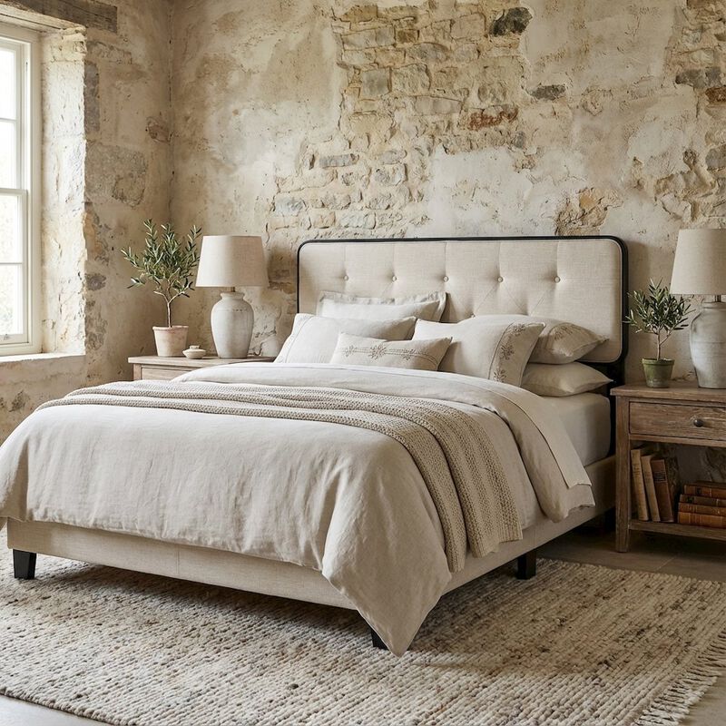 Tufted Fabric Queen Headboard with Wood Frame and Classic Design image number 2