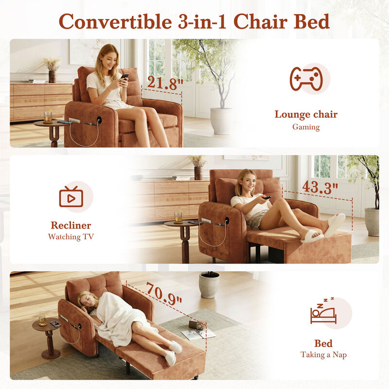 3-in-1 Sleeper Chair Chenille Sofa Bed, 80" Extra Long Pull Out Sleeping Lounge with USB Charging, Storage Pockets and Box image number 8