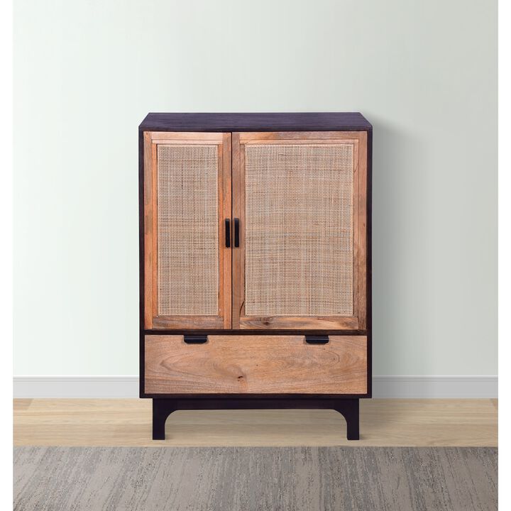 42 Inch Mango Wood Armoire Storage Cabinet, 2 Cane Rattan Woven Doors, 1 Drawer, Brown, Black-Benzara