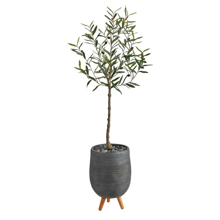 Nearly Natural 4.5-in Olive Artificial Tree in Gray Planter with Stand