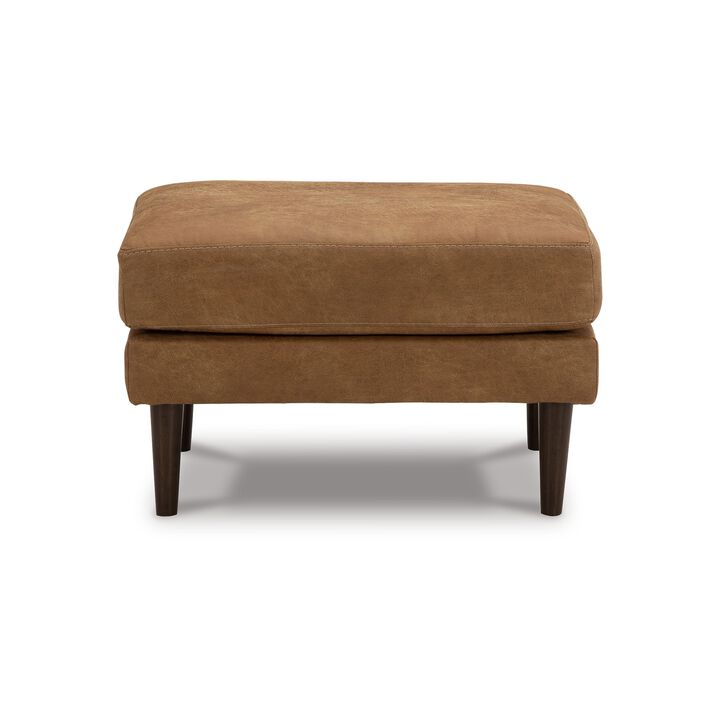 Tely Ottoman, Caramel Brown Faux Leather, Tapered Black Legs, 30 Inch - Benzara
