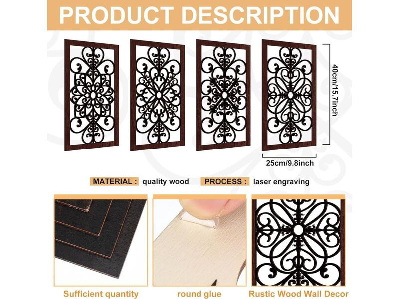 4 Piece Rustic Wooden Wall Art Farmhouse Carved Decor for Living Room Home Wall Art image number 2