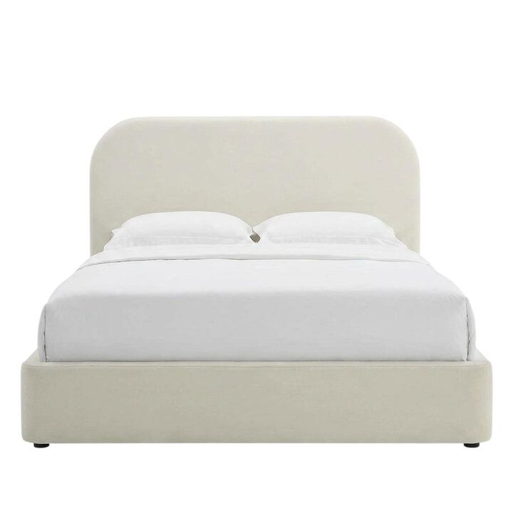 Performance Velvet Upholstered Queen Platform Bed with Curved Headboard, Taupe
