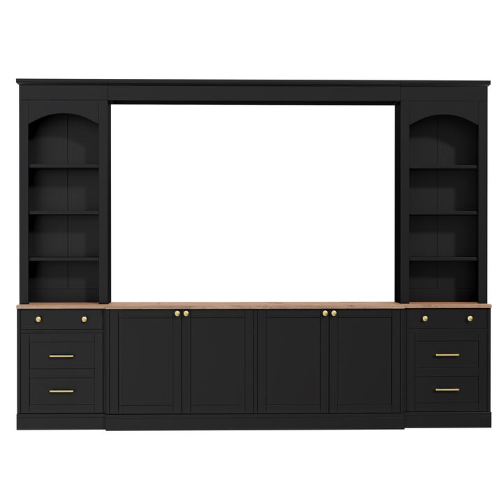 Whisen 106 Inch Farmhouse Entertainment Center with Drawers, Rustic TV Stand & Bookshelf Media Console for Living Room